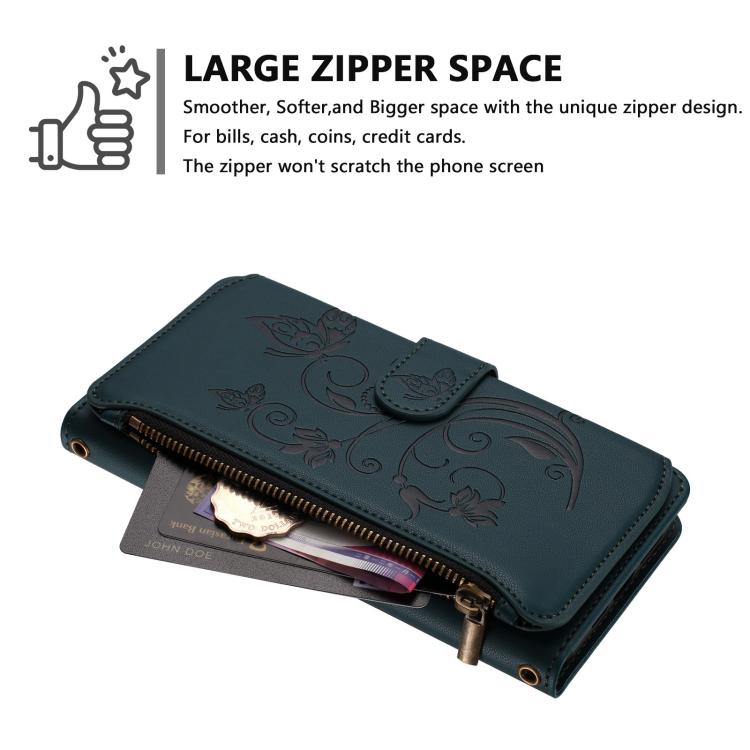 Funda de cuero con cremallera para iPhone 13 mini, diseño de mariposas, flores y amor, con múltiples tarjetas (verde oscuro)