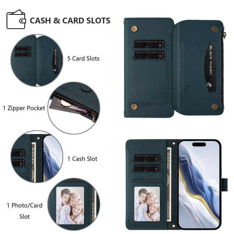Funda de cuero con cremallera para iPhone 13 mini, diseño de mariposas, flores y amor, con múltiples tarjetas (verde oscuro)