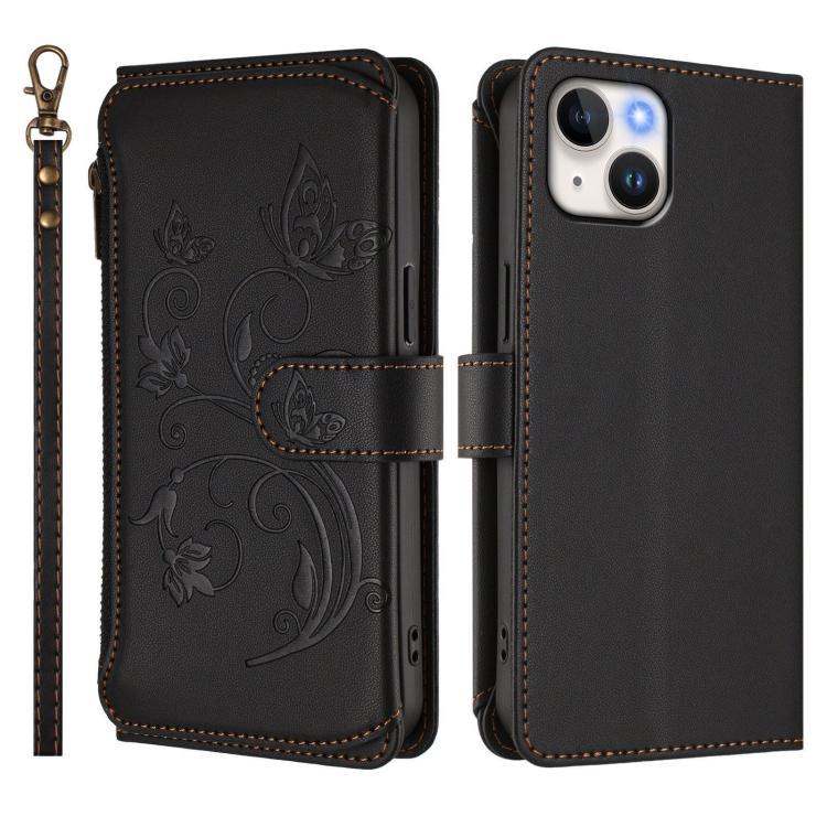Funda de cuero con cremallera para iPhone 13 mini, diseño de mariposas, flores y amor, con múltiples tarjetas (negro)