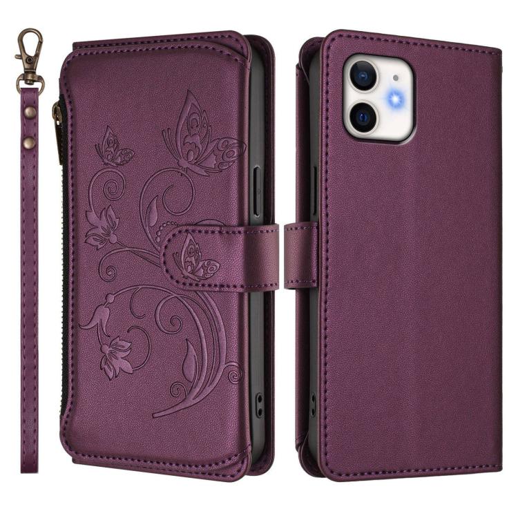 Funda de cuero con cremallera para iPhone 12 mini, diseño de mariposas, flores y amor, con múltiples tarjetas (morado oscuro)