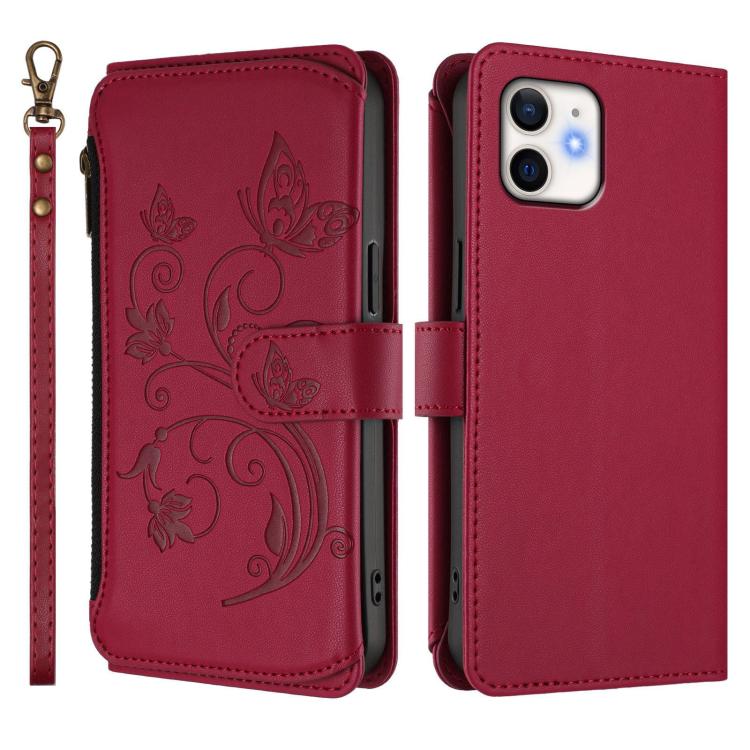 Funda de cuero con cremallera para iPhone 12 mini, diseño de mariposas, flores y amor, con múltiples tarjetas (rojo vino)