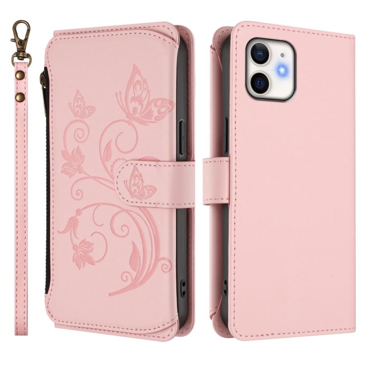 Funda de cuero con cremallera para iPhone 12 mini, diseño de mariposas, flores y amor, con múltiples tarjetas (rosa)