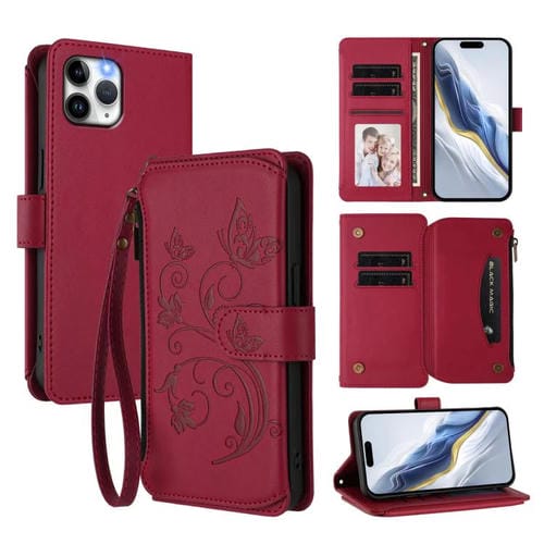 Funda de cuero con cremallera para iPhone 11 Pro Max, diseño de mariposas, flores y amor (rojo vino)