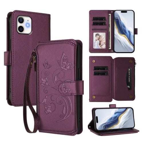 Funda de cuero con cremallera para iPhone 11, diseño de mariposas, flores y amor (morado oscuro)