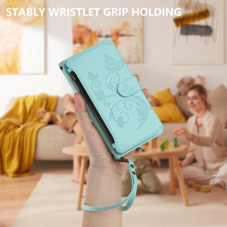 Funda de cuero con cremallera para iPhone 11 Pro, diseño de mariposas, flores y amor (verde menta)