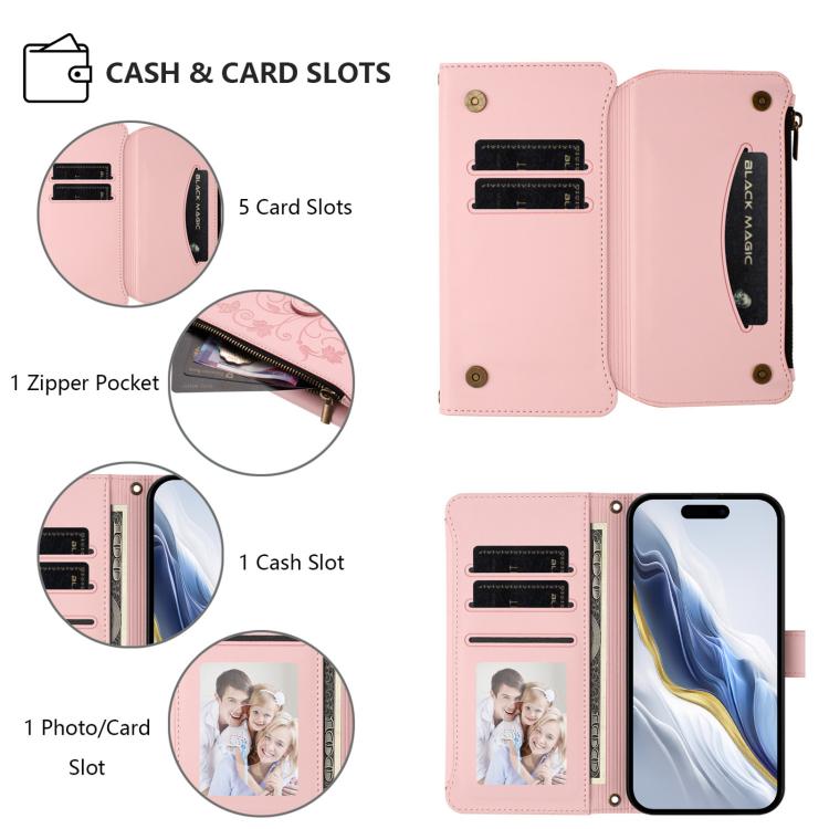 Funda de cuero con cremallera para iPhone 11 Pro, diseño de mariposas, flores y amor (rosa)