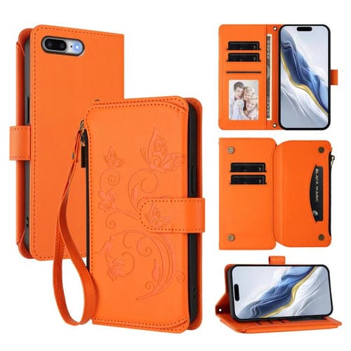 Funda de cuero con cremallera para iPhone 7 Plus/8 Plus, diseño de mariposas, flores y amor, con múltiples tarjetas (naranja)