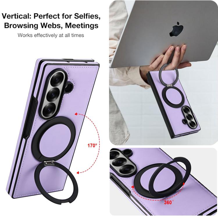 Funda de cuero plegable con soporte giratorio y película MagSafe para Samsung Galaxy Z Fold7 5G (morado claro)