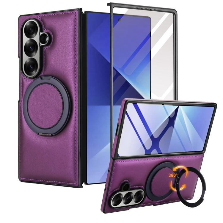 Funda de cuero plegable con soporte giratorio y película MagSafe para Samsung Galaxy Z Fold7 5G (morado oscuro)
