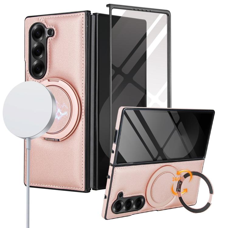 Funda de cuero plegable con soporte giratorio y película MagSafe integrada para Samsung Galaxy Z Fold5 (oro rosa)