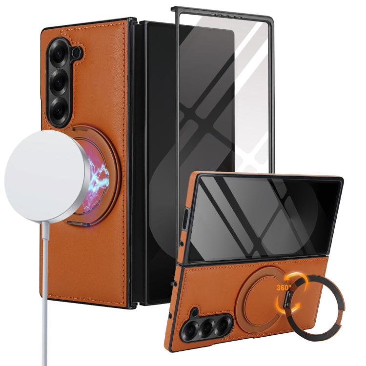 Funda de cuero plegable con soporte giratorio y película MagSafe integrada para Samsung Galaxy Z Fold5 (marrón)