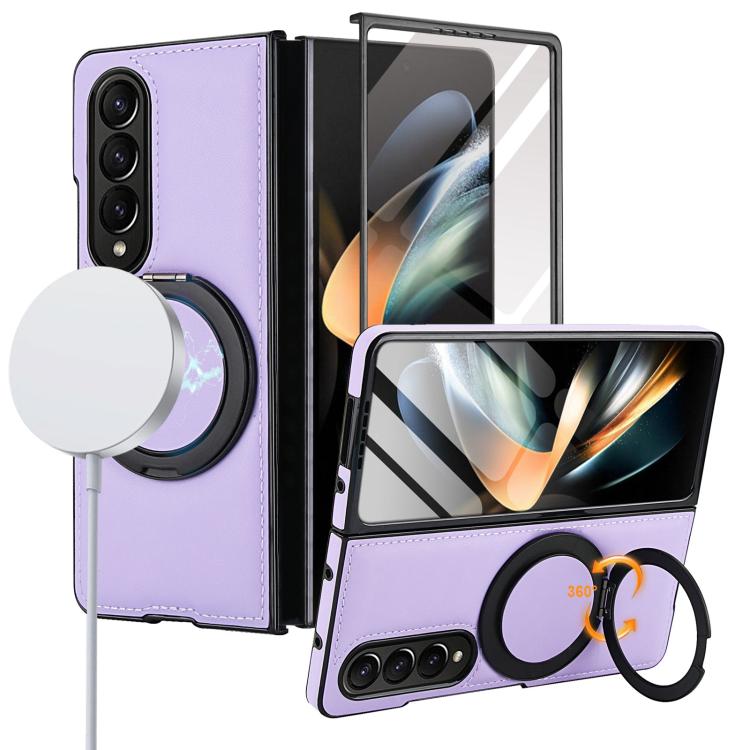Funda de cuero plegable con soporte giratorio y película MagSafe integrada para Samsung Galaxy Z Fold4 (morado claro)