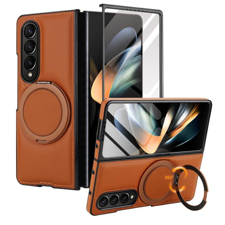 Funda de cuero plegable con soporte giratorio y película MagSafe para Samsung Galaxy Z Fold3 5G (marrón)