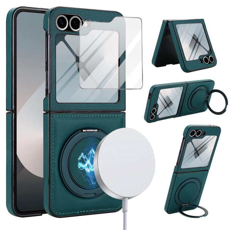 Funda de cuero con soporte giratorio plegable y película MagSafe integrada para Samsung Galaxy Z Flip6 (verde)