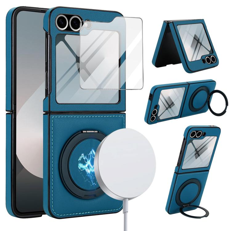 Funda de cuero con soporte giratorio plegable y película MagSafe integrada para Samsung Galaxy Z Flip5 (azul)