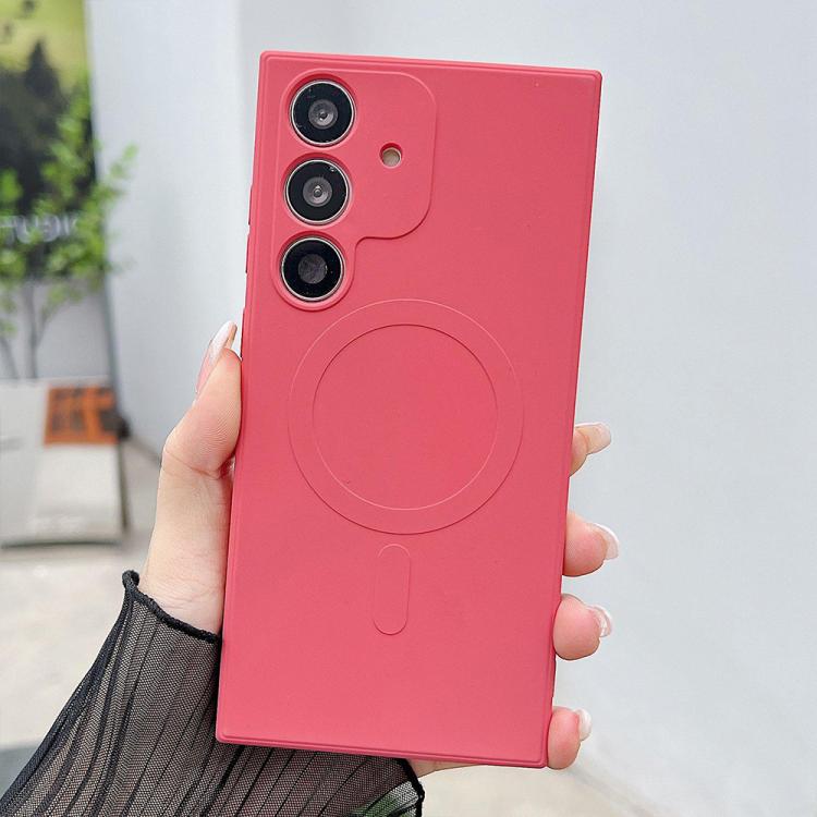 Funda magnética MagSafe de silicona líquida de color sólido para Samsung Galaxy A56 5G (rojo camelia)