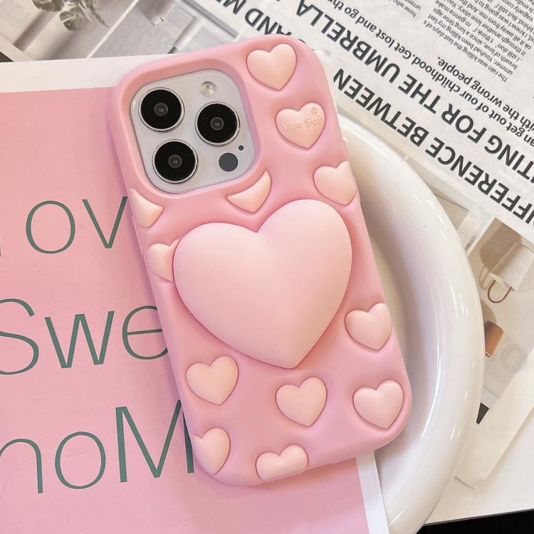 Funda de silicona con diseño de corazón 3D para iPhone 15 Pro (rosa)