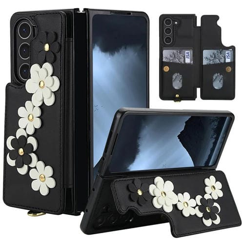 Funda de cuero con estampado floral para Samsung Galaxy Z Fold5 (negra)