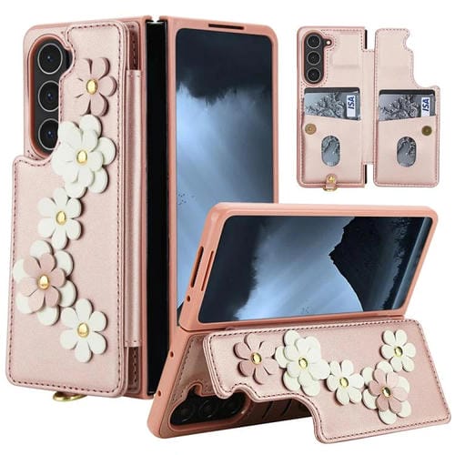Funda de cuero con estampado floral para Samsung Galaxy Z Fold5 (oro rosa)