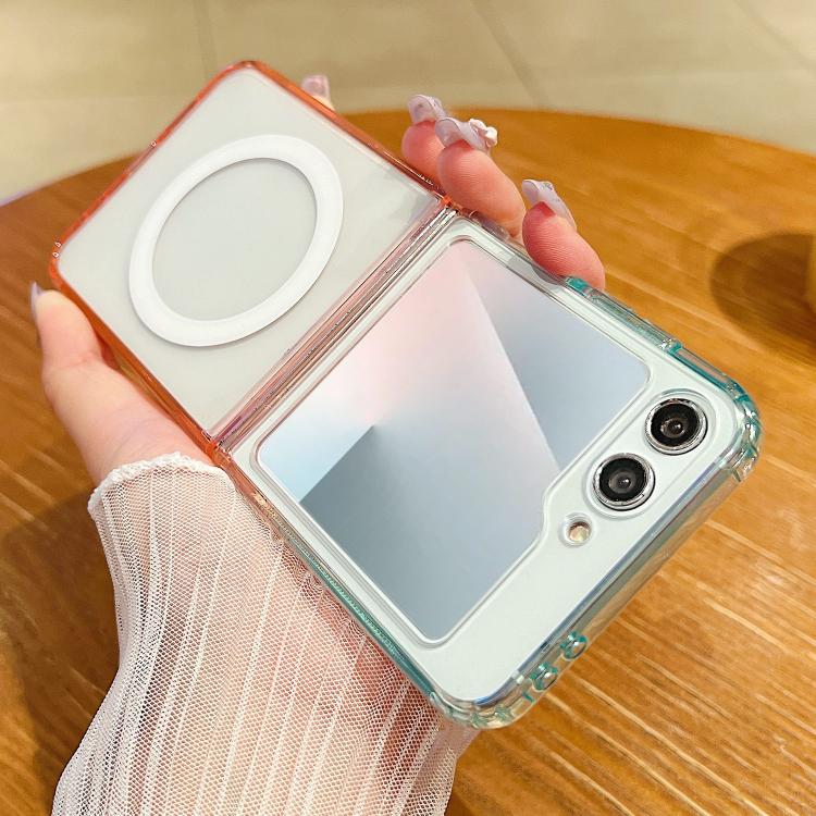 Funda MagSafe transparente con degradado de color en contraste para Samsung Galaxy Z Flip7 5G (azul, verde y rosa)