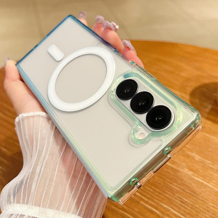 Funda MagSafe transparente con degradado de color en contraste para Samsung Galaxy Z Fold5 (verde y azul)