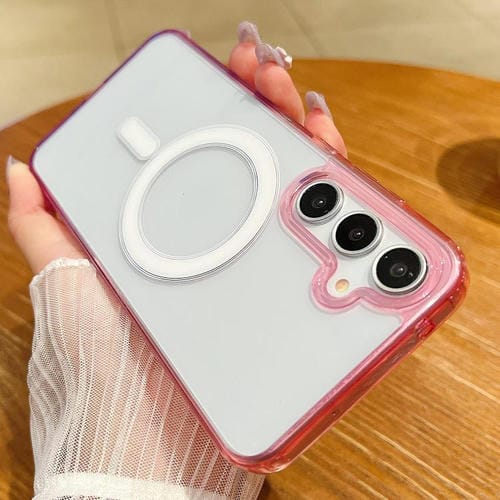 Funda MagSafe transparente con degradado de color en contraste para Samsung Galaxy A26 5G (morado, rosa y morado claro)