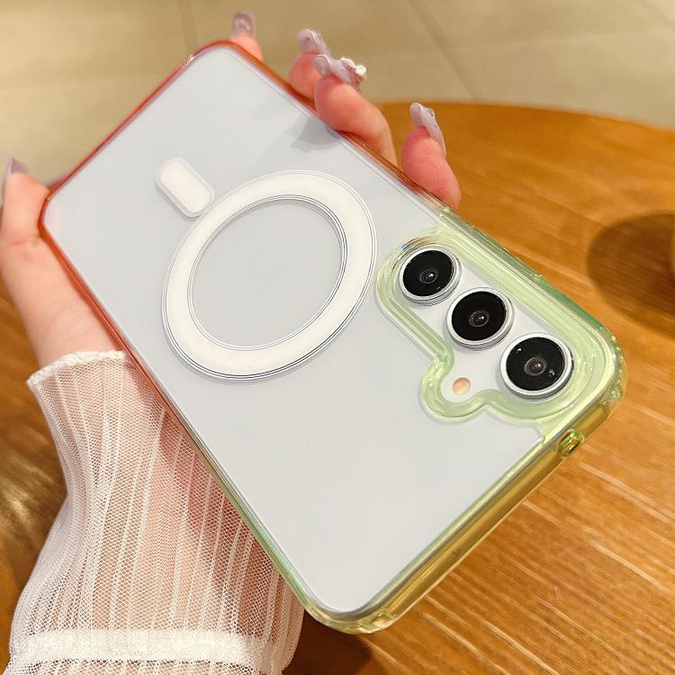 Funda MagSafe transparente con degradado de color en contraste para Samsung Galaxy A36 5G (verde fluorescente y rosa claro)
