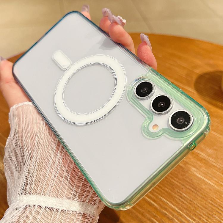 Funda MagSafe transparente con degradado de color en contraste para Samsung Galaxy S23 FE 5G (verde y azul)