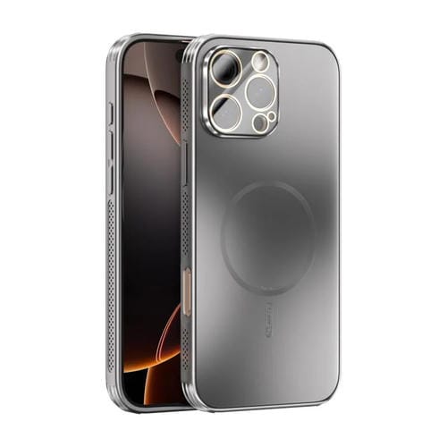 Funda ABEEL MagSafe esmerilada con disipación de calor y película para lente para iPhone 16 Pro Max (plateada)