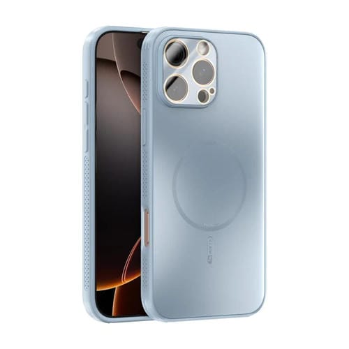 Funda ABEEL MagSafe esmerilada con disipación de calor y película para lente para iPhone 16 Pro Max (azul claro)