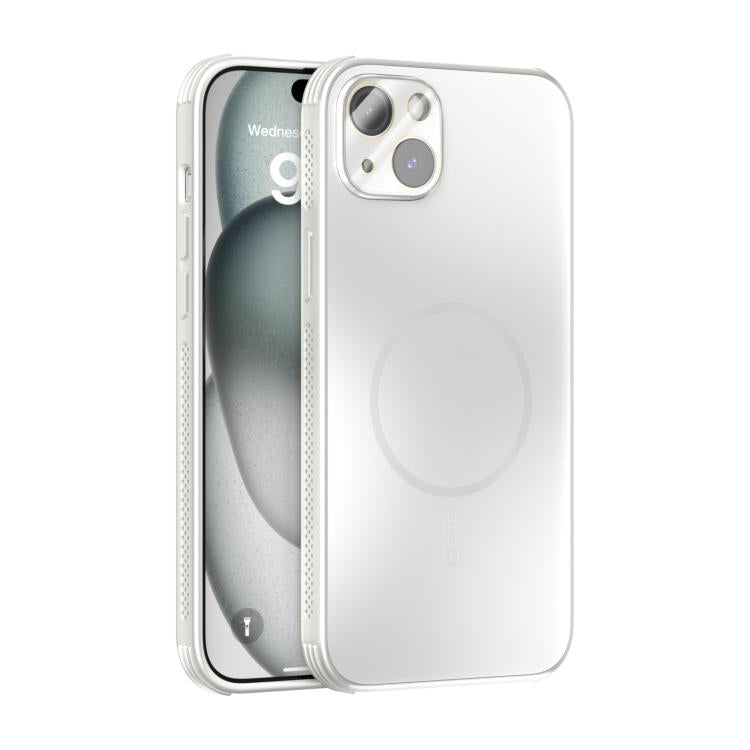 Funda ABEEL MagSafe esmerilada con disipación de calor y película para lente para iPhone 15 Plus (blanca)