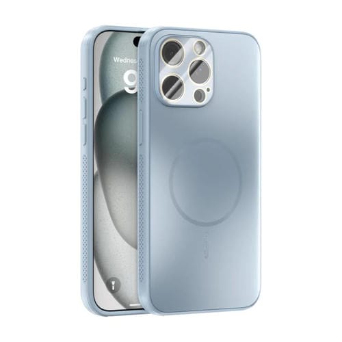 Funda ABEEL MagSafe esmerilada con disipación de calor y película para lente para iPhone 14 Pro Max (azul claro)