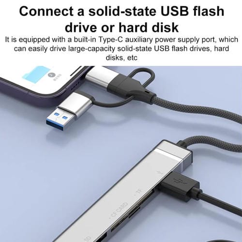 Adaptador USB Tipo C 8 pines a lector tarjetas CF TF SD concentrador 3,5 mm estación acoplamiento 6 en 1 (Gris)