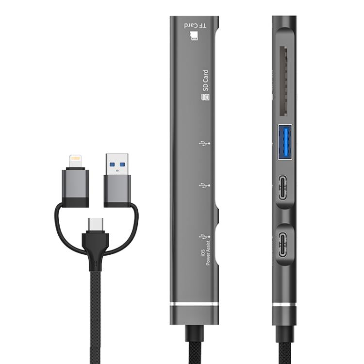Adaptador USB Tipo C 8 pines a lector tarjetas TF SD concentrador estación acoplamiento 5 en 1 (Plateado)