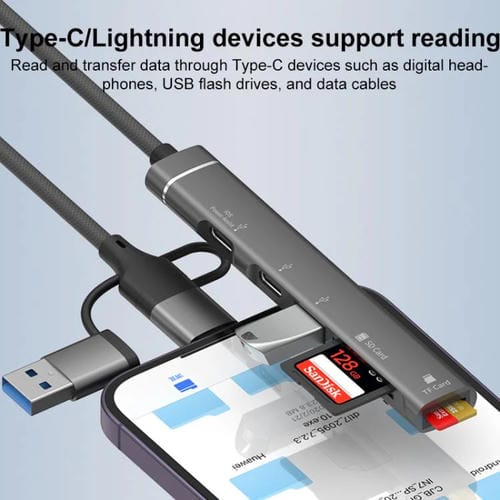 Adaptador USB Tipo C 8 pines a lector tarjetas TF SD concentrador estación acoplamiento 5 en 1 (Gris)