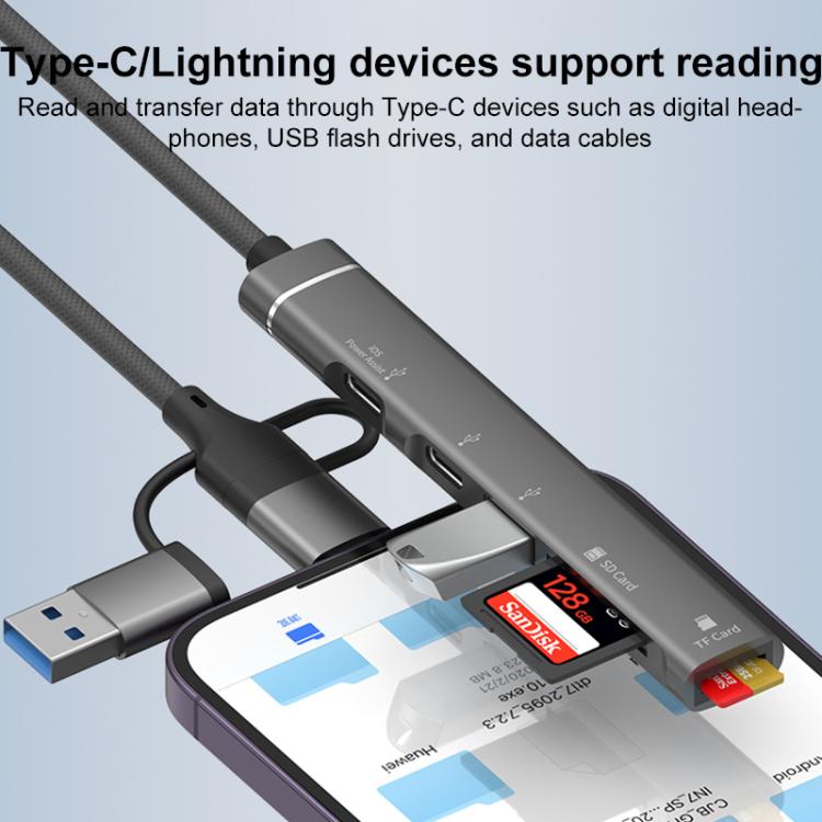 Adaptador USB Tipo C 8 pines a lector tarjetas TF SD concentrador estación acoplamiento 5 en 1 (Gris)