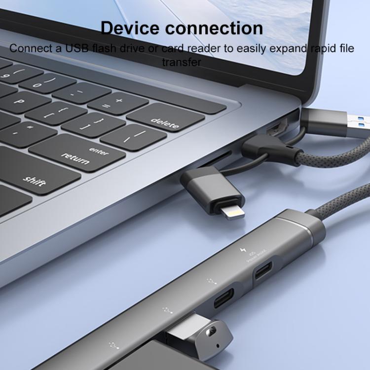 Adaptador concentrador USB Tipo C 8 pines a 3,5 mm PD 2 USB Tipo C estación de acoplamiento 5 en 1 (Plateado)