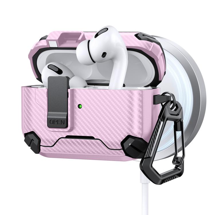 Estuche magnético MagSafe de dos colores con diseño de fibra de carbono para AirPods Pro 2 (negro y rosa)