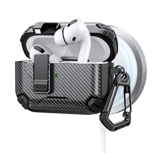 Estuche magnético MagSafe de dos colores con diseño de fibra de carbono para AirPods Pro 2 (negro)
