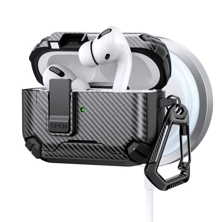 Estuche magnético MagSafe de dos colores con diseño de fibra de carbono para AirPods Pro 2 (negro)