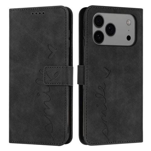 Funda de piel con relieve de corazón y cordón largo para iPhone 17 Pro Max (negra)