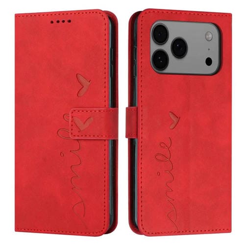 Funda de piel con relieve de corazón y cordón largo para iPhone 17 Pro Max (roja)