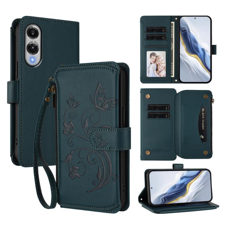 Funda de cuero con cremallera para Samsung Galaxy S25 Edge 5G, diseño de mariposas, flores y amor, con múltiples tarjetas (verde oscuro)