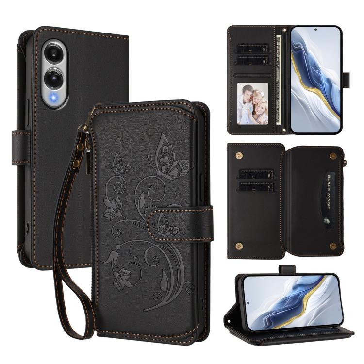 Funda de cuero con cremallera para Samsung Galaxy S25 Edge 5G, diseño de mariposas, flores y múltiples tarjetas (negro)