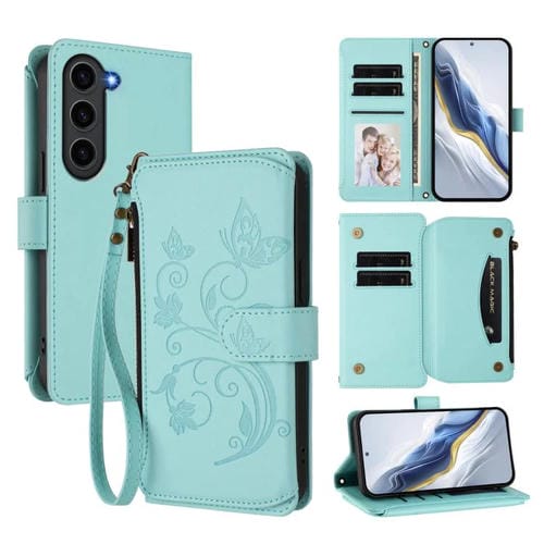 Funda de cuero con cremallera para Samsung Galaxy S23 5G, diseño de mariposas, flores y amor, con múltiples tarjetas (verde menta)