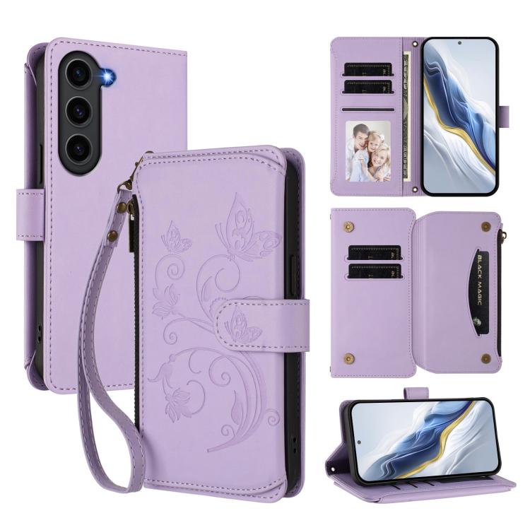 Funda de cuero con cremallera para Samsung Galaxy S23 5G, diseño de mariposas, flores y amor, con múltiples tarjetas (morado claro)