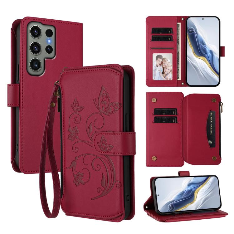Funda de cuero con cremallera para Samsung Galaxy S23 Ultra 5G, diseño de mariposas, flores y amor, con múltiples tarjetas (rojo vino)