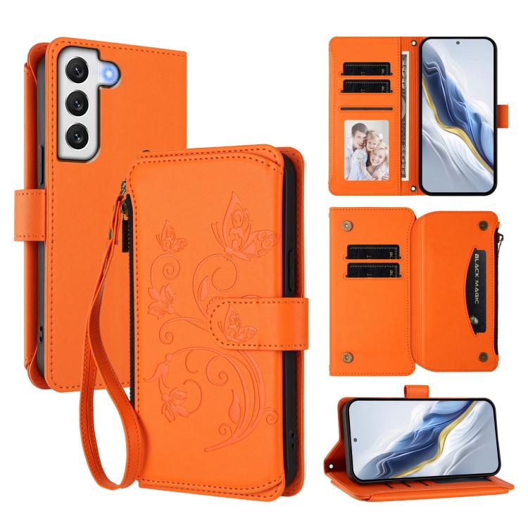 Funda de cuero con cremallera para Samsung Galaxy S21+ 5G, diseño de mariposas, flores y amor, con múltiples tarjetas (naranja)