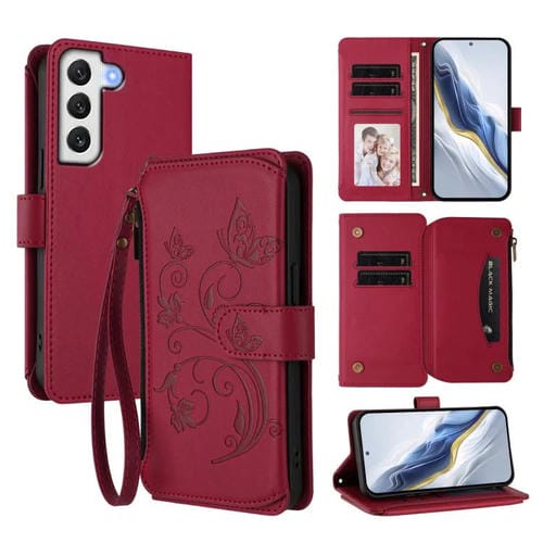 Funda de cuero con cremallera para Samsung Galaxy S21 FE 5G, diseño de mariposas, flores y amor, con múltiples tarjetas (rojo vino)