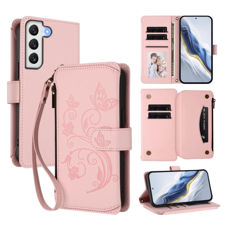 Funda de cuero con cremallera para Samsung Galaxy S21 FE 5G, diseño de mariposas, flores y amor, con múltiples tarjetas (rosa)